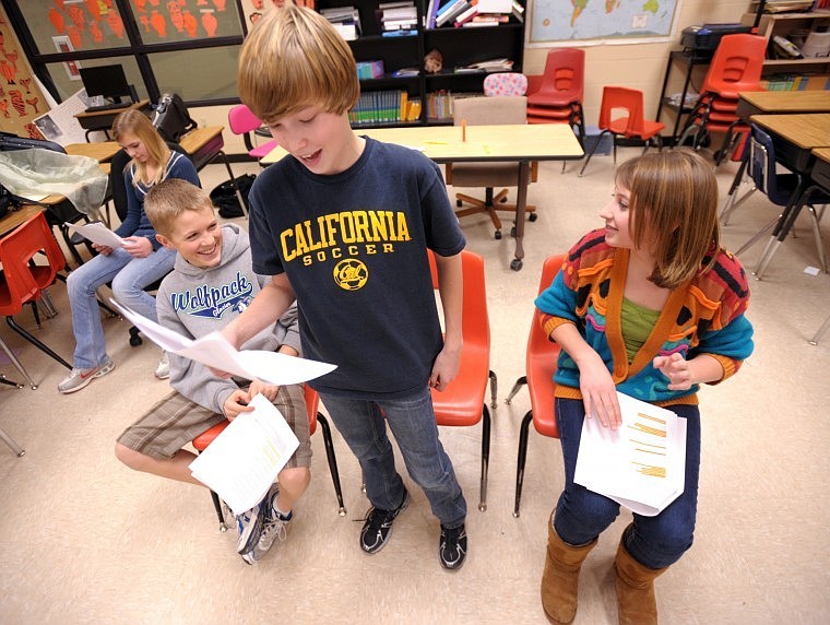 Destination ImagiNation team members rehearse their skit on Feb. 5. From left are Joey Thiel, Ruben Castren, Kade Deleray and Meryl Crabtree.