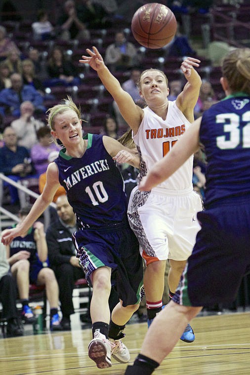 &lt;p&gt;JEROME A. POLLOS/Press Katie King from Post Falls High passes the ball into the key as she's pushed by Mountain View High's Aubrey Griffeth.&lt;/p&gt;