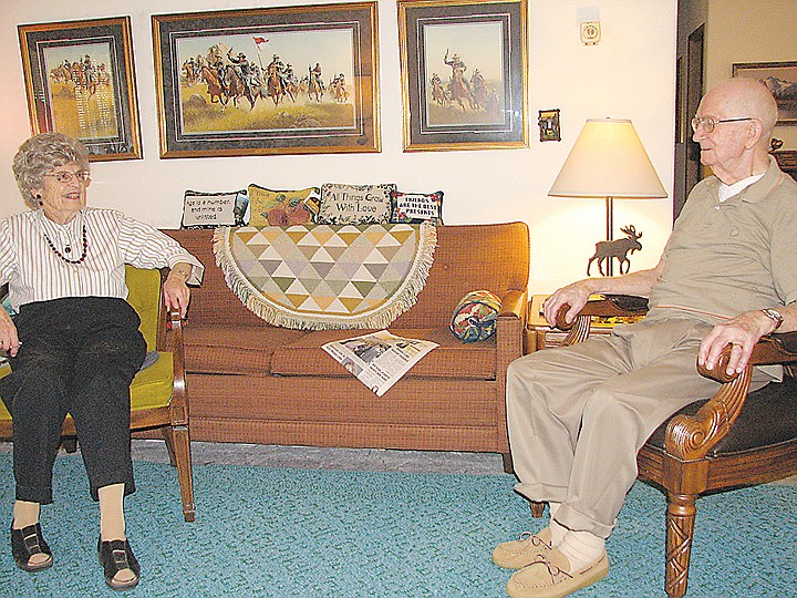 Ethylmarie and Warren Greeley smile at one another inside their Moses Lake home, as they talk about their nearly 69 years of marriage.