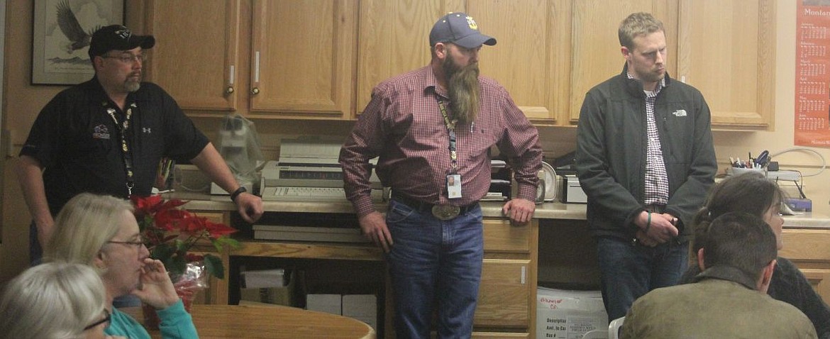 <p>Duane Cunningham and Todd Dunlap with the Montana VA office, along with Chad Campbell, Regional Director with Senator Jon Tester’s office, listen to Mineral County veterans experiences with the Choice Program on Friday in Superior.</p>
