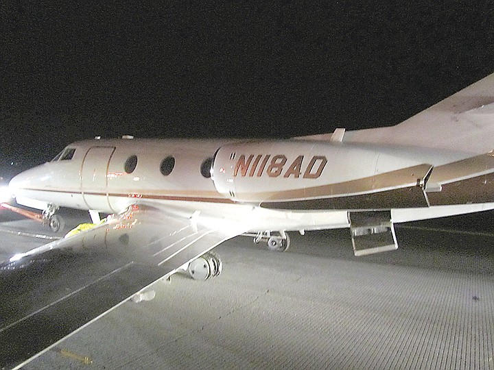 A Falcon 10 aircraft from Pasco Airport made an emergency landing Friday night at the Grant Counyt International Airport after the aircraft blew both of its rear tires out during take-off.