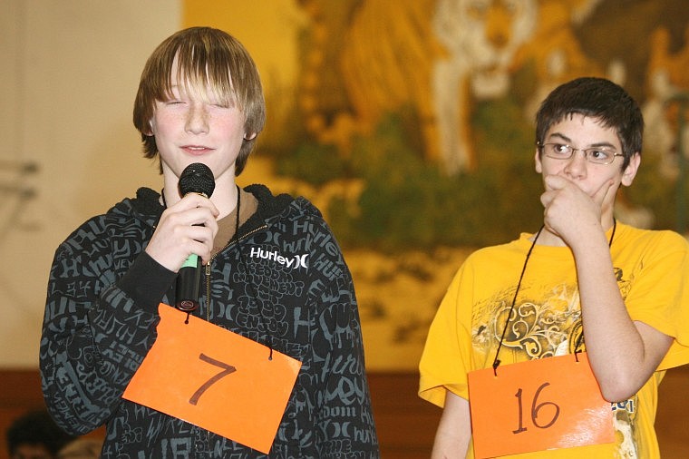 Nick Ianniello/Mineral Independent Brady Brantley, number 7, was the runner-up for the bee and spells a word while, Damen Lucier, number 16, watches. Lucier ended up winning the bee.