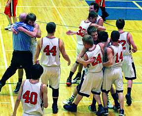 The Horsemen celebrate after there win in overtime over the Eureka Lions on Thursday night.