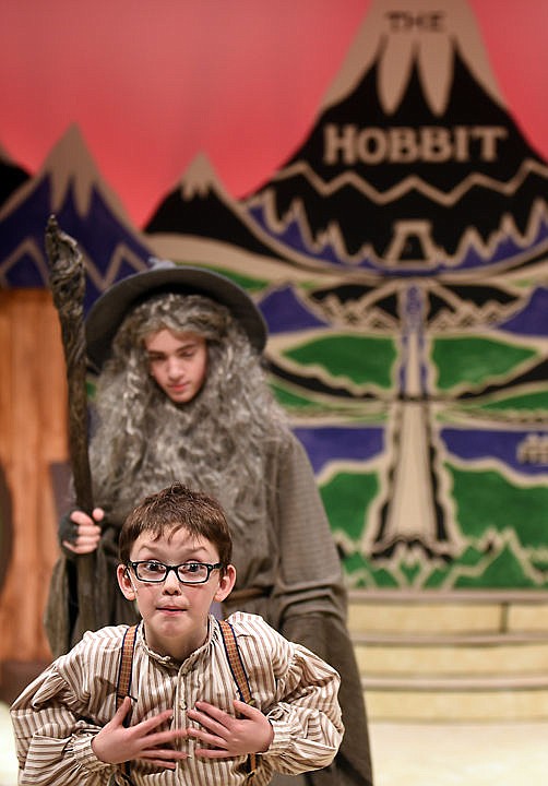 <p>Bauer Hollman as Bilbo Baggins and Ian Caltabiano as Gandalf rehearse a scene from "The Hobbit" on Feb. 16, in Whitefish.</p>