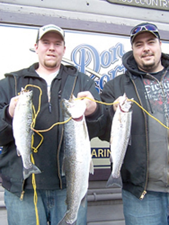 A night crawler filled with air with a worm blower produced these fine cold water trout to 4 pounds for Eric Williams and Gary Michel of the Royal Slope.