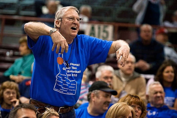 Vikings fan Doug Parker argues an official's call from the stands of the Idaho Center in the fourth quarter of Thursday's 5A contest between Coeur d'Alene and Boise high schools.