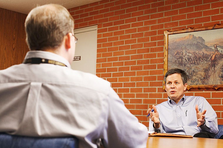 &lt;p&gt;Rep. Steve Daines, R-Mont., right, talks with Montana Veterans Home Superintendent Joren Underdahl on Wednesday afternoon in Columbia Falls.&lt;/p&gt;