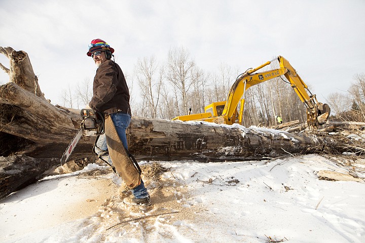 &lt;p&gt;Lincoln Chute, Flathead County Fire Service Area manager, pauses
as he cuts a tree into smaller sections Thursday morning. In the
background an excavator removes logs and debris from a logjam on
the Stillwater River. Some of the removed logs will be used to
build up the bank to help prevent future flooding in the area.&lt;/p&gt;