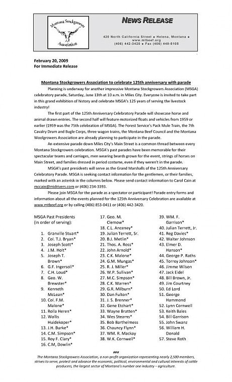 Press Release Central: Montana Stockgrowers celebrate 125th anniversary