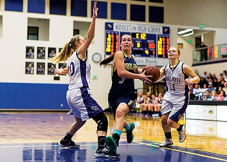 &lt;p&gt;Timberlake High's Payten Rhodes drives to the hoop between Snake River defenders Maegan Peace, left, and Jetta Goff Thursday during the second half.&lt;/p&gt;