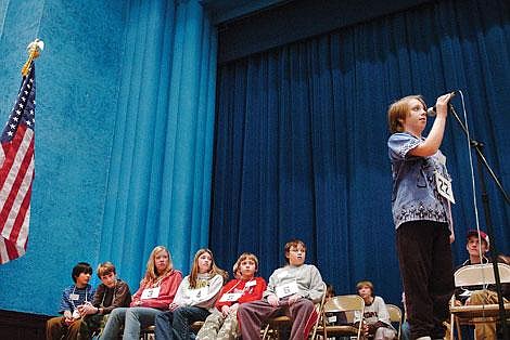 Flathead County Spelling Bee&lt;br&gt;Branden Howard of Olney/Bissell School competes in the Flathead County Spelling Bee Friday afternoon at Flathead High School. Thirty-five students competed for the chance to advance to the state competition in Billings. Chris Jordan/Daily Inter Lake