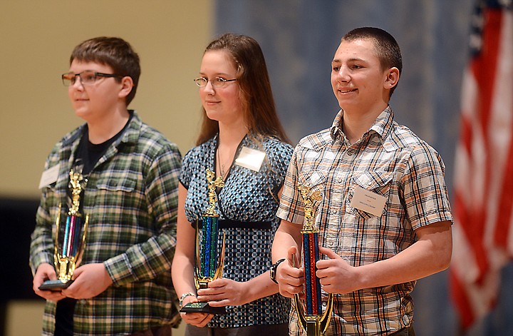 &lt;p&gt;From right, the first-, second- and third-place winners at the spelling bee are Tucker Nadeau, McKenna Stahlberg and Trevor Woodward.&lt;/p&gt;