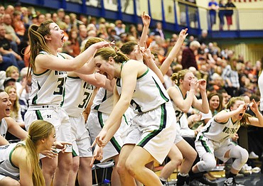<p>The Glacier bench celebrates as Cadie Williams makes a free throw in the final minutes of the Wolfpack's 65-41 win against Flathead. (Aaric Bryan/Daily Inter Lake)</p>