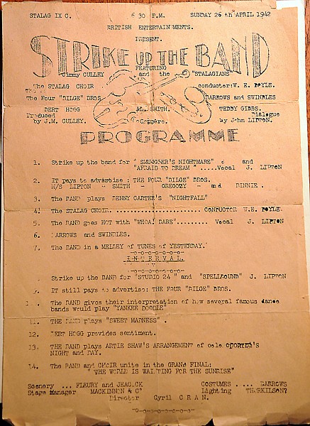 The original program for a performance put on by the POWs for the German guards at Stalag IX C, on Sunday April 26, 1942.