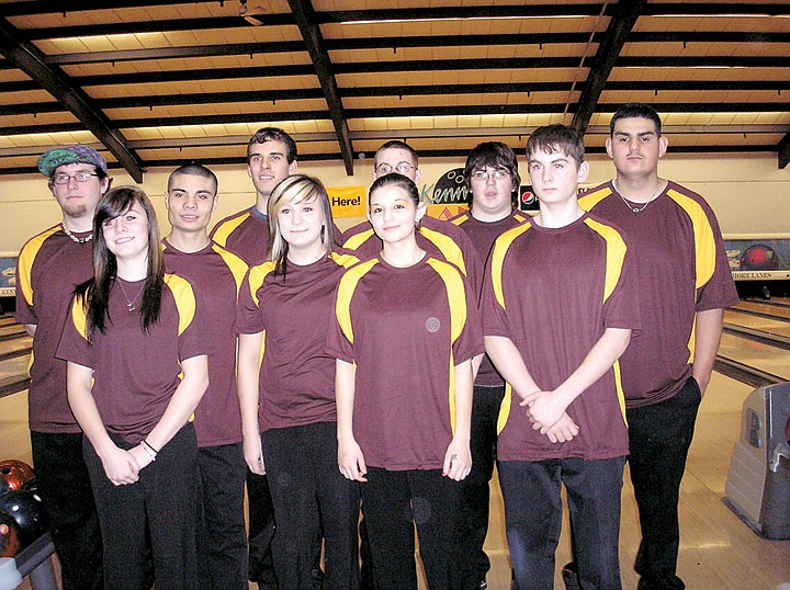 The 2011-12 Moses Lake High School varsity travling bowling team. Pictured in the back row from left are Joe O'Brien, Ricky Garza, Austin Ozolins, Austin Schneider, Billy Shestock and Anthony Wood. Front row from left are Kylie Harper, Breanna Harper, Marcella Wood and Jacob Benivedez.