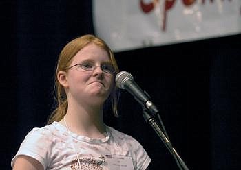 Amanda Bevan of West Glacier reacts after misspelling her first word, &quot;hyphen,&quot; in the Flathead County Spelling Bee at Flathead High School on Friday afternoon. Allison Money/Daily Inter Lake