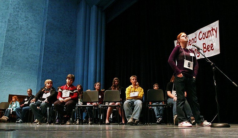 Amanda Bevan of West Glacier School thinks through the spelling of a word during the Flathead County Spelling Bee at Flathead High School on Thursday afternoon.