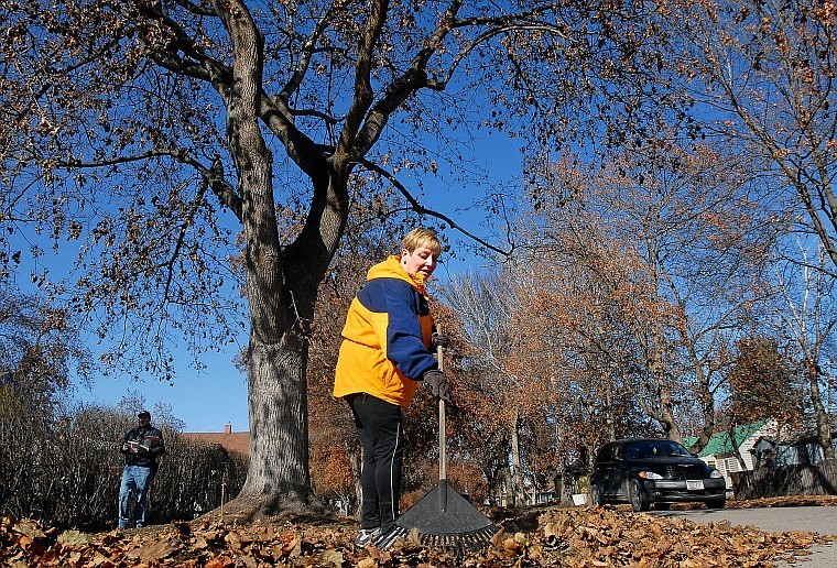 Donna Fuller rakes Tuesday afternoon in Kalispell. Fuller&#146;s favorite season is autumn, but said raking leaves in the sunshine in late February &#147;kind of throws you off.&#148; Residents are being asked by the city not to rake leaves into the streets.