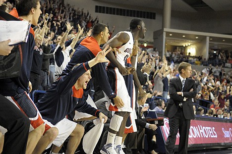 &lt;p&gt;Gonzaga's bench celebrates late in the second half of an NCAA college basketball game against Saint Mary's, Thursday, Feb. 9, 2012, in Spokane, Wash. Gonzaga beat Saint Mary's 73 to 59. (AP Photo/Jed Conklin)&lt;/p&gt;