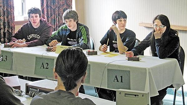 Courtesy Libby High School's Nick Reny, from left, Daniel Webster, Liz Rogers and Chelsey Oedewaldt compete on Feb. 20 at the Science Bowl in Billings. In this particular match, Libby defeated Billings Skyview.