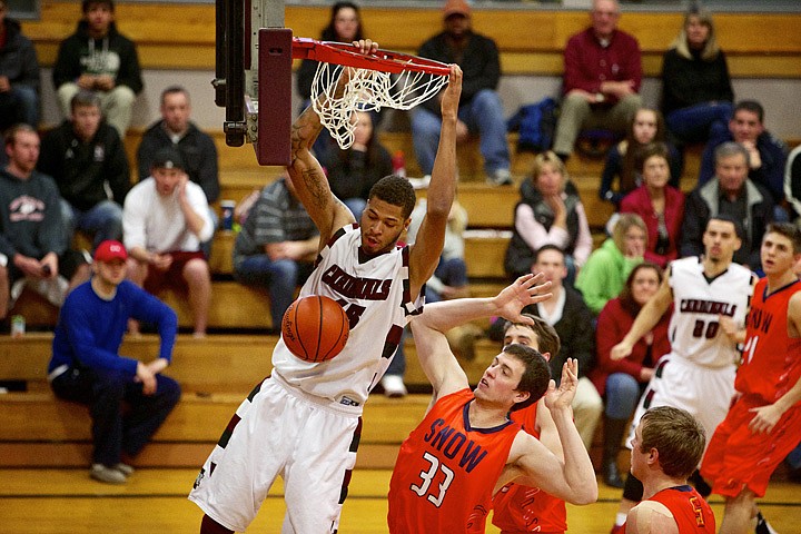 &lt;p&gt;JEROME A. POLLOS/Press North Idaho College's Michael Middlebrooks hangs onto the rim after dunking as Brad Mears from Snow College attempts to get out of his way.&lt;/p&gt;