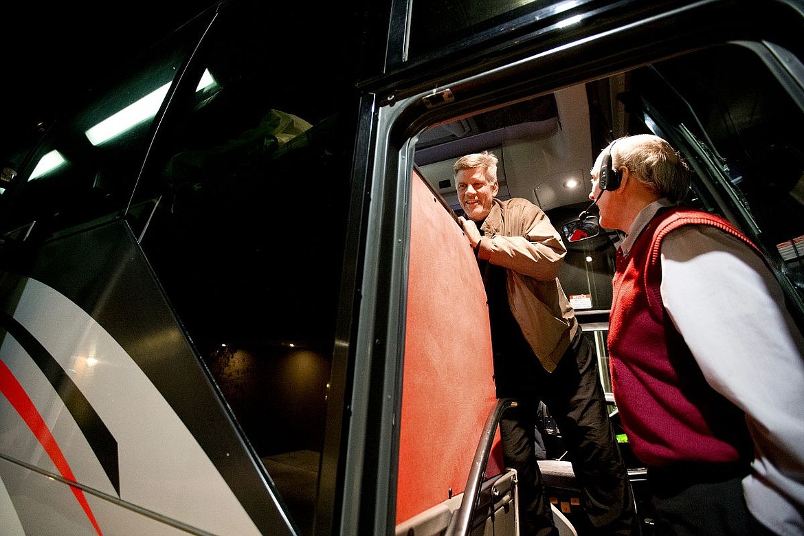 &lt;p&gt;JAKE PARRISH/Press Alpha-Omega bus driver Curtis Blanchet, right, talks with Chris Carlson, head coach of North Idaho College's women's basketball team, as Carlson loads his belongings on a bus on Feb. 9, 2016 on North Idaho College's campus. Both basketball teams shared the bus as they headed to games in Colorado and Utah.&lt;/p&gt;