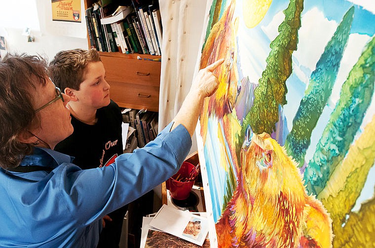 &lt;p&gt;Grayson South Malone listens as Nancy Cawdrey, left, describes different techniques she used on her painting Wednesday afternoon at her studio near Creston. Feb. 19, 2014 in Creston, Montana. (Patrick Cote/Daily Inter Lake)&lt;/p&gt;