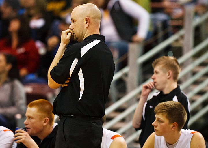 SHAWN GUST/Press

Post Falls head basketball coach Mike McLean anxiously watches the final seconds of regulation on Thursday.