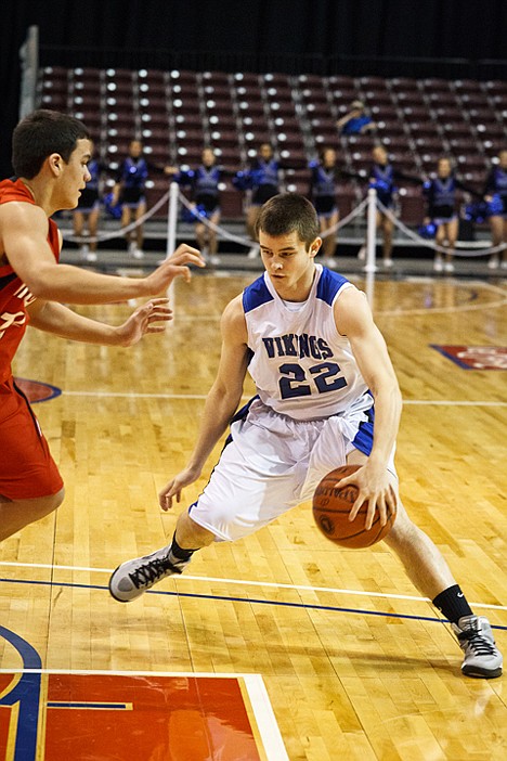 <p>Coeur d'Alene High's Jared Moore makes a move against a Highland defender at the Idaho Center.</p>