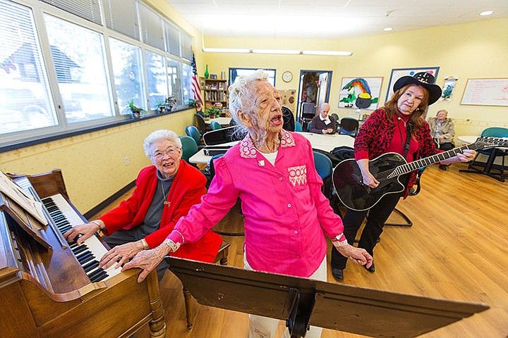 &lt;p&gt;Betty Hollingsworth sings as her daughter Jane Smith plays the guitar and accompanist Kathryn Robison plays piano during her 101st birthday celebration Friday at Kootenai Health&#146;s McGrane Therapy Center in Coeur d&#146;Alene.&lt;/p&gt;