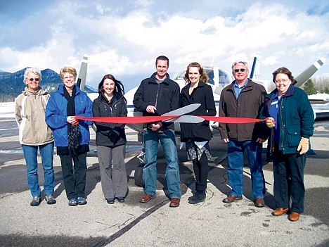 Chamber Ambassadors welcome Air Idaho Charters to Sandpoint. Pictured are Chamber Ambassadors Carol Warren, Colleen Spickelmire, and Erin Butler, Andrew and Keisch Berrey of Air Idaho Charters; Chamber Chairman of the Board: Clif Warren and Chamber Ambassador Peggy Shadel. (Courtesy photo)