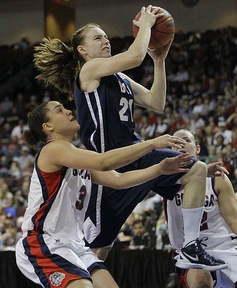 &lt;p&gt;Brigham Young's Lexi Eaton, right, goes up for a shot against Gonzaga's Haiden Palmer in the second half during the NCAA West Coast Conference tournament championship basketball game, Monday, March 5, 2012, in Las Vegas. BYU won 78-66. (AP Photo/Julie Jacobson)&lt;/p&gt;