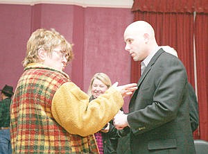 &lt;p&gt;Rita Hall of Olney speaking with Sen. Chas Vincent prior to Tuesday's forum regarding the Confederated Salish-Kootenai Tribes Water Compact.&lt;/p&gt;