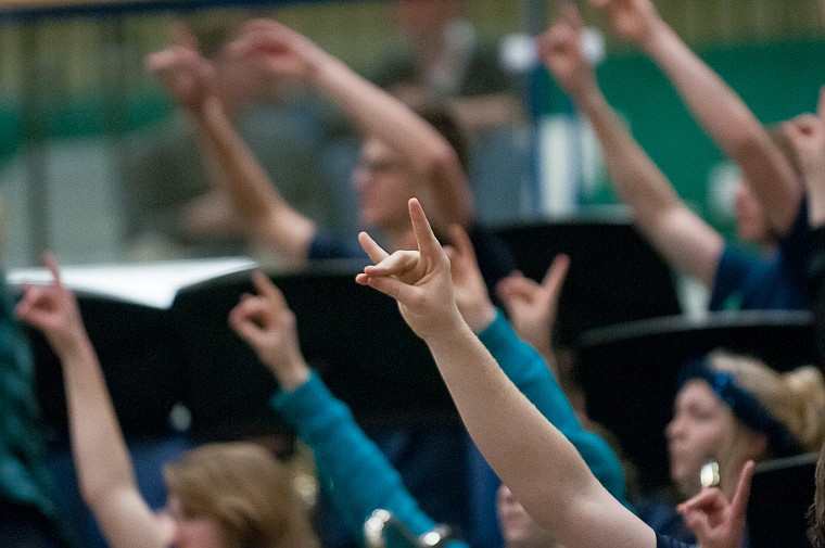 &lt;p&gt;Members of the band hold up hand signs during a free throw Friday night during the first of half of Glacier's matchup against Flathead at Glacier High School. March 7, 2014 in Kalispell, Montana. (Patrick Cote/Daily Inter Lake)&lt;/p&gt;