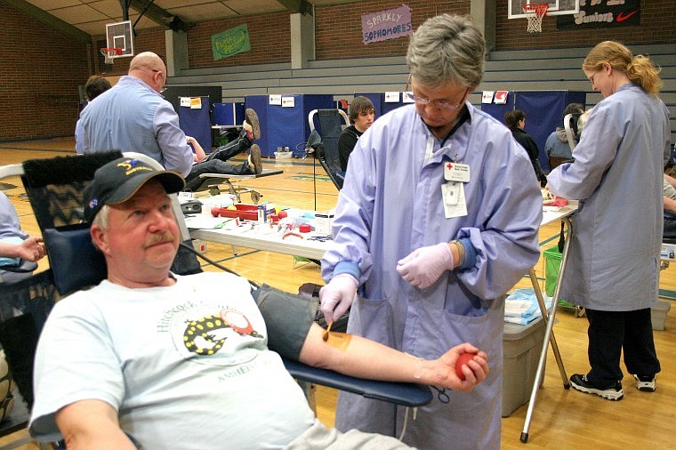 &lt;p&gt;Mark Sheets of Thompson Falls prepares to give blood Thursday in the Thompson Falls High School gym. With his donation, Sheets earned his 5-gallon pin from American Red Cross.&lt;/p&gt;