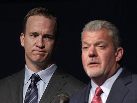 &lt;p&gt;Quarterback Peyton Manning, left, listens as Indianapolis Colts owner Jim Irsay announces that the NFL football team will release quarterback Peyton Manning during a news conference in Indianapolis, Wednesday, March 7, 2012. (AP Photo/Michael Conroy)&lt;/p&gt;