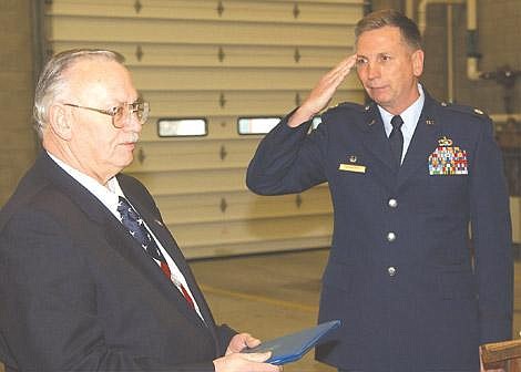 Photo courtesy of Gary Stephens&lt;br&gt;Kalispell resident Robert Stephens receives a commendation and salute from Lt. Col. Fred Fairhurst, commander of the 120th Fighter Wing of the Montana Air National Guard mission support group. He received the award for his heroism as a guard member 42 years ago.