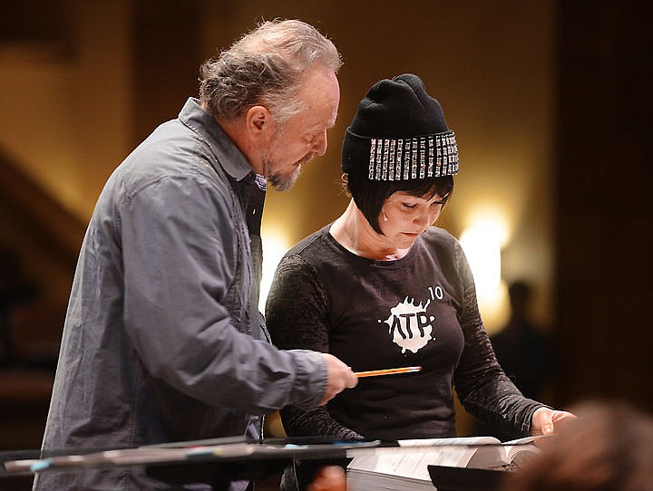 <p>Conductor John Zoltek of the Glacier Symphony and Chorale and Director Betsi Morrison of the Alpine Theatre Project compare notes during a rehearsal of Sweeney Todd on Sunday, March 6. (Brenda Ahearn/Daily Inter Lake)</p>