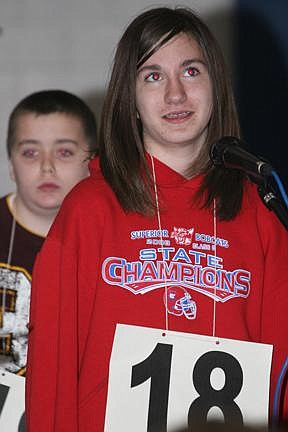 Nick Ianniello/Mineral Independent Danielle Ewoniuk ponders a word during the Superior Spelling Bee last tuesday afternoon while Aaron Kelly waits for his turn. Kelly placed in the top four spellers for the sixth grade students and will compete in the Mineral County Spelling Bee in St. Regis Wednesday.