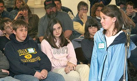 Photo by Adam Herrenbruck Sami Jo Kinzie, a fifth-grader from Plains, reacts after spelling her word wrong during the practice round of the Sanders County Spelling Bee.