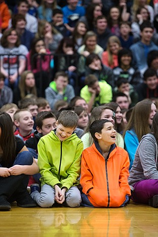 &lt;p&gt;Caden Hess 12, left, and Cole Stephens, 12,crack up over a joke told by motivational speaker Stu Cabe Tuesday at Woodland Middle School during an assembly about bullying.&lt;/p&gt;