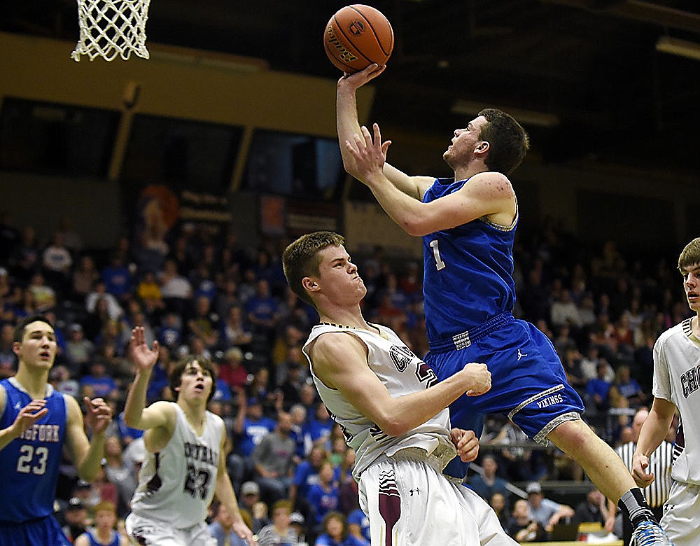 &lt;p&gt;Bigfork&#146;s Adam Jordt (1) charges into Choteau&#146;s Dylan Pannabecker during the third quarter of the Vikings&#146; 67-59 loss in the Class B state championship game. (Aaric Bryan/Daily Inter Lake)&lt;/p&gt;