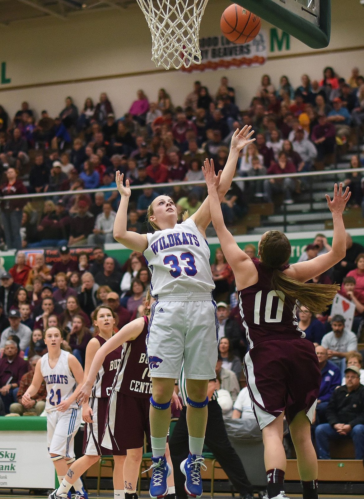 <p>Allyson Gimbel (33) of Columbia Falls looks to take a shot against Butte Central in the first half of the state A girls basketball finals in Belgrade, Saturday, March 12. (Chris Peterson/Hungry Horse News)</p>