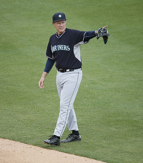 <p>Actor Will Ferrell plays second base for the Seattle Mariners during the second inning of a spring training baseball game against the Oakland Athletics, Thursday, in Mesa, Ariz.</p>