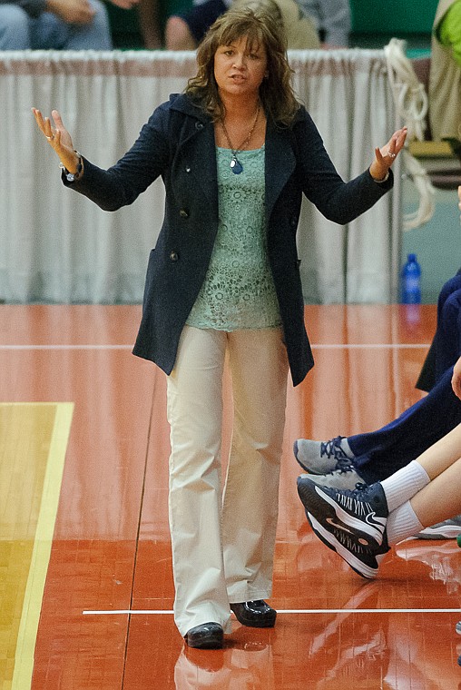 <p>Glacier head coach Kris Salonen gestures during the first half of Glacier's matchup against Butte in the first game of the Class AA State Championship on Thursday, March 7, 2013 in Great Falls, Montana. (Patrick Cote/Daily Inter Lake)</p>