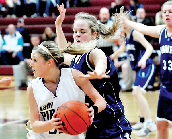 Pirate Kayla Duford gets stuck in traffic against Havre last week.