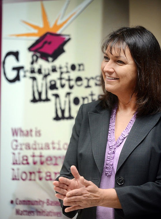 <p>State school Superintendent Denise Juneau talks at the Graduation Matters Montana event at Flathead Valley Community College on Wednesday. Thirty-five grants were awarded for a total of $203,000.</p>