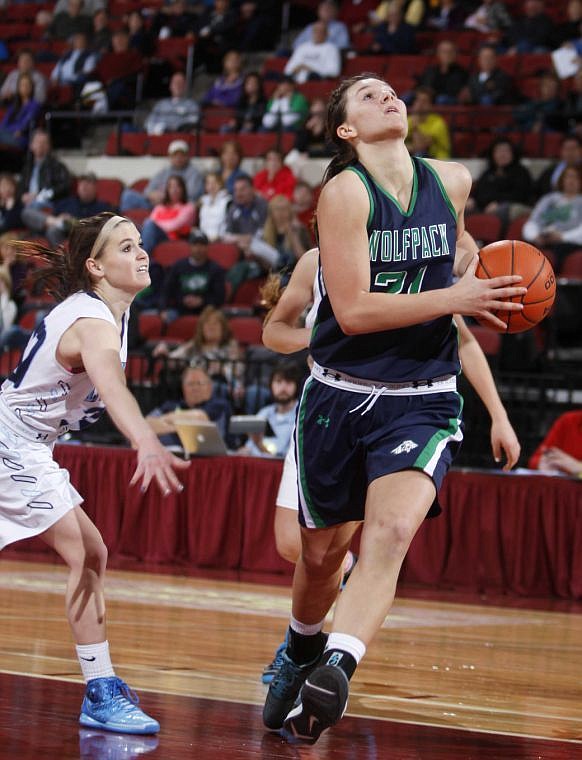 <p>Glacier's Cassi Hashley (21) goes up for a shot in the fourth quarter of the Wolfpack's win over Great Falls Thursday in the first round of the Montana Class AA girls state basketball tournament at the Rimrock Auto Arena at MetraPark in Billings. (AP Photo/Billings Gazette, Casey Page)</p>