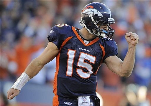 &lt;p&gt;In this Dec. 18, 2011 AP file photo, Denver Broncos quarterback Tim Tebow (15) reacts after a touchdown run by Denver Broncos running back Lance Ball (35) against the New England Patriots in an NFL football game, in Denver. Tebow was traded to the New York Jets, Wednesday, March 21, 2012. (AP Photo/Jack Dempsey, File)&lt;/p&gt;