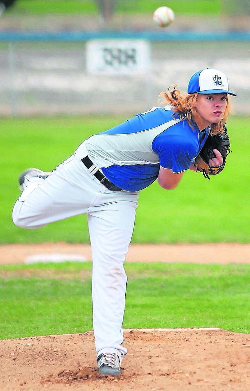 Soap Lake starter Seth Holden delivers to the plate in the first hgame of Wednesday's doubleheader with Bridgeport. The Eagles swept the Mustangs